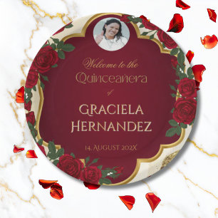 Elegant Burgundy Red & Gold Rose Quinceañera  Paper Plates