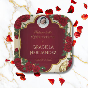 Elegant Burgundy Red & Gold Rose Quinceañera Paper Plates