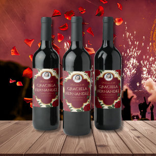 Elegant Burgundy Red & Gold Rose Quinceañera  Wine Label