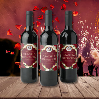Elegant Burgundy Red & Gold Rose Quinceañera Wine Label