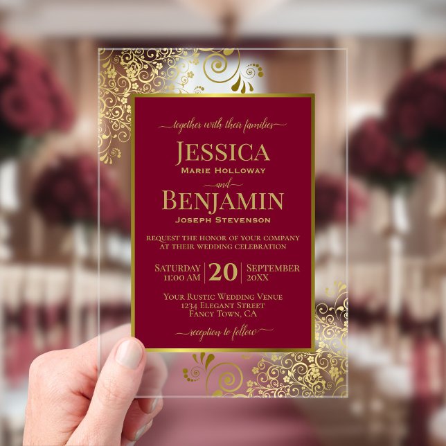 Elegant Burgundy Red & Gold Stylish Text Wedding Acrylic Invitations (Creator Uploaded)