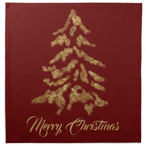 Elegant Burgundy Red Golden Tree Merry Christmas Cloth Napkin