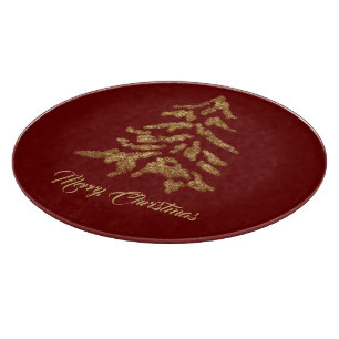 Elegant Burgundy Red Golden Tree Merry Christmas Cutting Board