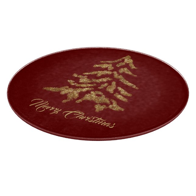 Elegant Burgundy Red Golden Tree Merry Christmas Cutting Board (Corner)