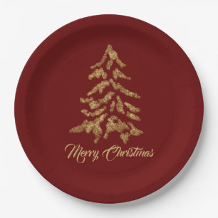 Elegant Burgundy Red Golden Tree Merry Christmas Paper Plates