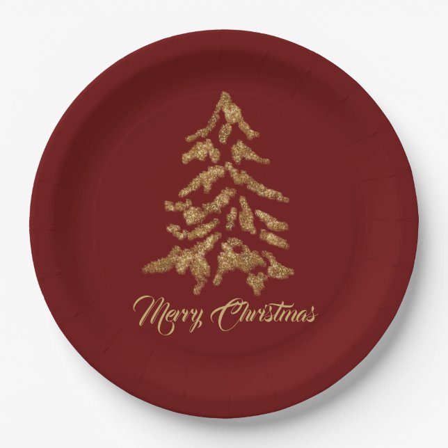 Elegant Burgundy Red Golden Tree Merry Christmas  Paper Plates (Front)