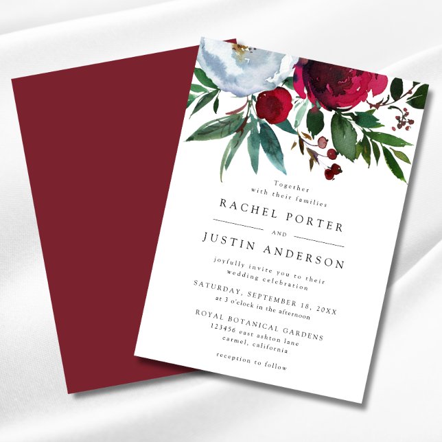 Elegant Burgundy Red Green Floral Rustic Wedding Invitation