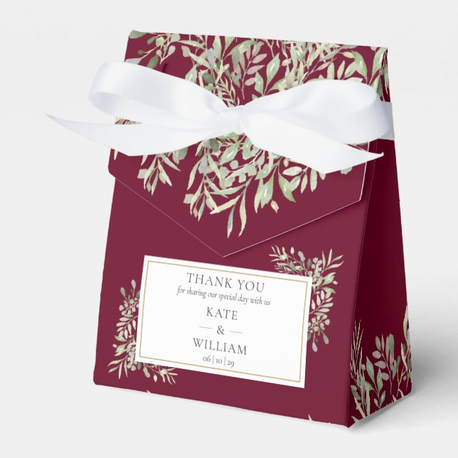 Elegant Burgundy Red Greenery Floral Wedding Favor Boxes (Front Side)
