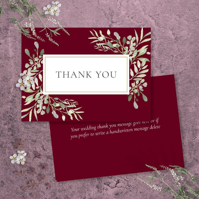 Elegant Burgundy Red Greenery Floral Wedding Thank You Card (Elegant Burgundy Red Greenery Floral Wedding Thank You Card)