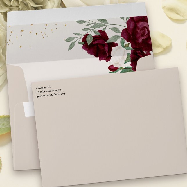Elegant Burgundy Red Ivory Roses Floral Addressed Envelope (Invitation envelopes with burgundy red and ivory roses and option to add return address on the front)