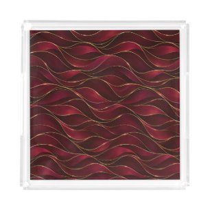 Elegant Burgundy Red Marble Waves with Gold Accent Acrylic Tray
