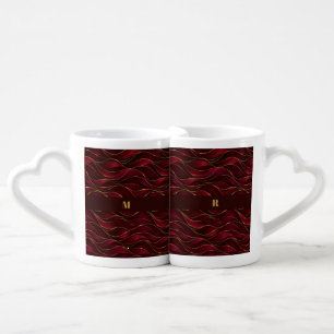 Elegant Burgundy Red Marble Waves with Gold Accent Coffee Mug Set
