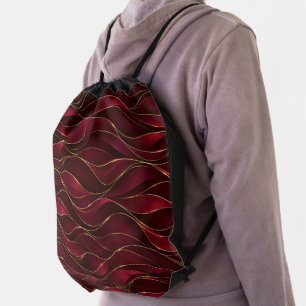 Elegant Burgundy Red Marble Waves with Gold Accent Drawstring Bag