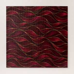 Elegant Burgundy Red Marble Waves with Gold Accent Jigsaw Puzzle