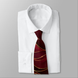Elegant Burgundy Red Marble Waves with Gold Accent Neck Tie