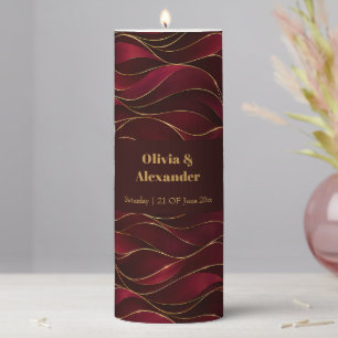 Elegant Burgundy Red Marble Waves with Gold Accent Pillar Candle