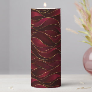 Elegant Burgundy Red Marble Waves with Gold Accent Pillar Candle
