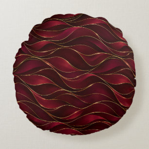 Elegant Burgundy Red Marble Waves with Gold Accent Round Pillow