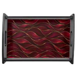 Elegant Burgundy Red Marble Waves with Gold Accent Serving Tray