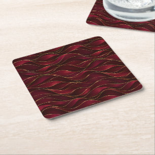 Elegant Burgundy Red Marble Waves with Gold Accent Square Paper Coaster