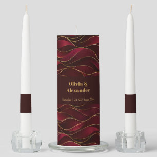 Elegant Burgundy Red Marble Waves with Gold Accent Unity Candle Set