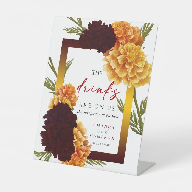 Elegant Burgundy Red  "Marigold" Open Bar Wedding Pedestal Sign (Front)