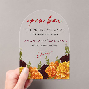 Elegant Burgundy Red "MARIGOLD" Wedding Open Bar Acrylic Invitations