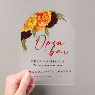 Elegant Burgundy Red "MARIGOLD" Wedding Open Bar Acrylic Invitations