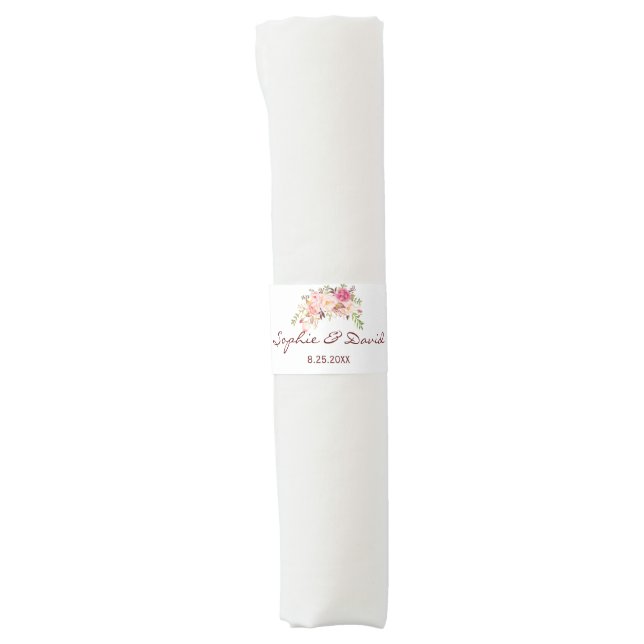 Elegant Burgundy Red Marsala Floral Wedding Napkin Bands (Front)