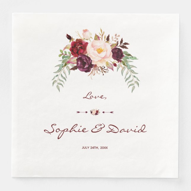 Elegant Burgundy Red Marsala Floral Wedding Paper Dinner Napkins (Front)