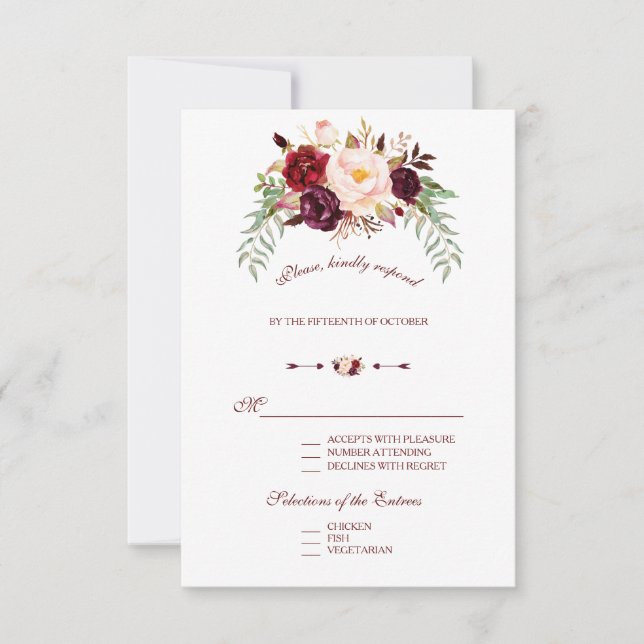Elegant Burgundy Red Marsala Floral Wedding RSVP (Front)