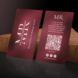 Elegant Burgundy Red Monogram QR Code Social Media Business Card