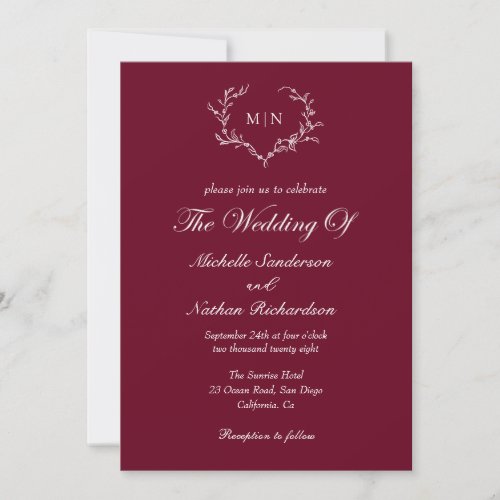 Elegant Burgundy Red Monogram Wedding Invitation