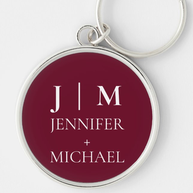 Elegant Burgundy Red Monogram Wedding Keychain (Front)