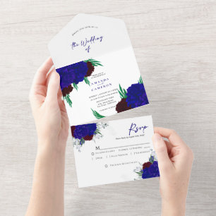 Elegant Burgundy Red Navy Blue "MARIGOLD" Wedding All In One Invitation