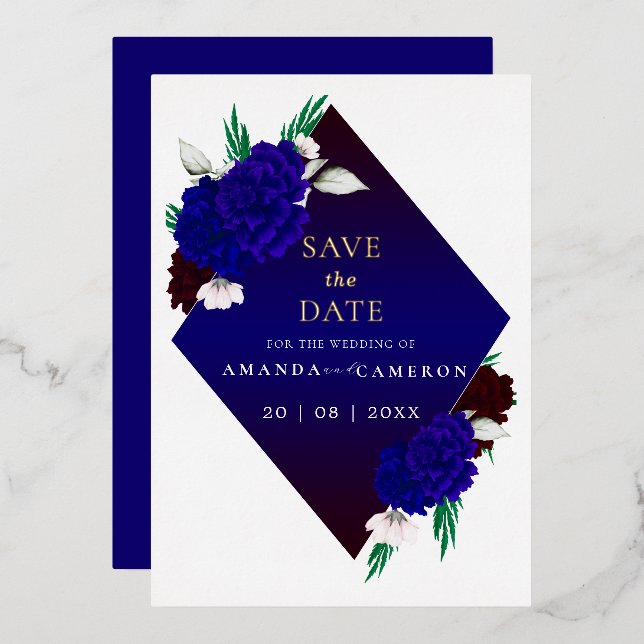 Elegant Burgundy Red Navy Blue "MARIGOLD" Wedding Foil Invitation (Front/Back)
