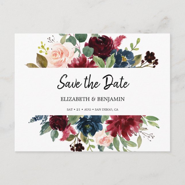 Elegant Burgundy Red  Navy Floral Save The Date Postcard (Front)