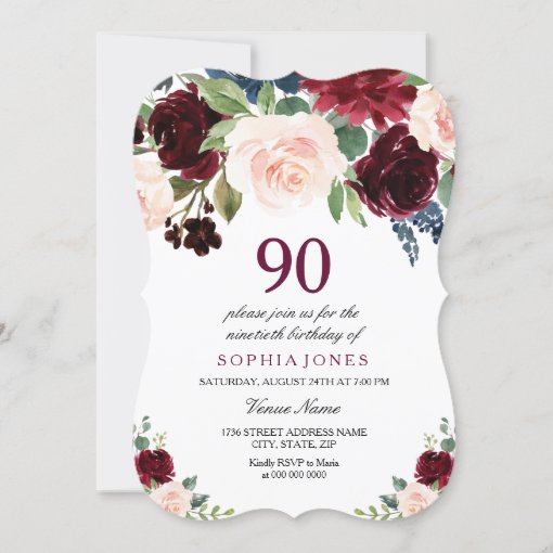 Elegant Burgundy Red Pink Floral 90th Birthday Invitation | Zazzle