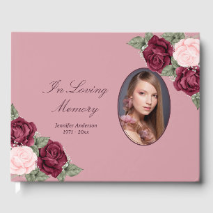 Elegant Burgundy Red Pink Floral Funeral Photo Guest Book