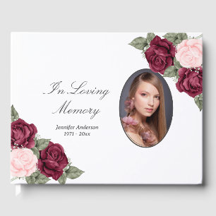 Elegant Burgundy Red Pink Floral Funeral Photo Guest Book