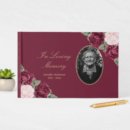 Elegant Burgundy Red Pink Floral Funeral Photo Guest Book