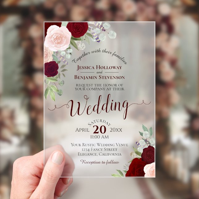 Elegant Burgundy Red & Pink Roses Boho Wedding Acrylic Invitations (Creator Uploaded)