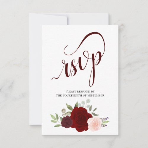 Elegant Burgundy Red  Pink Roses Bouquet Wedding RSVP Card