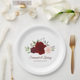 Elegant Burgundy Red & Pink Roses Wedding Paper Plates