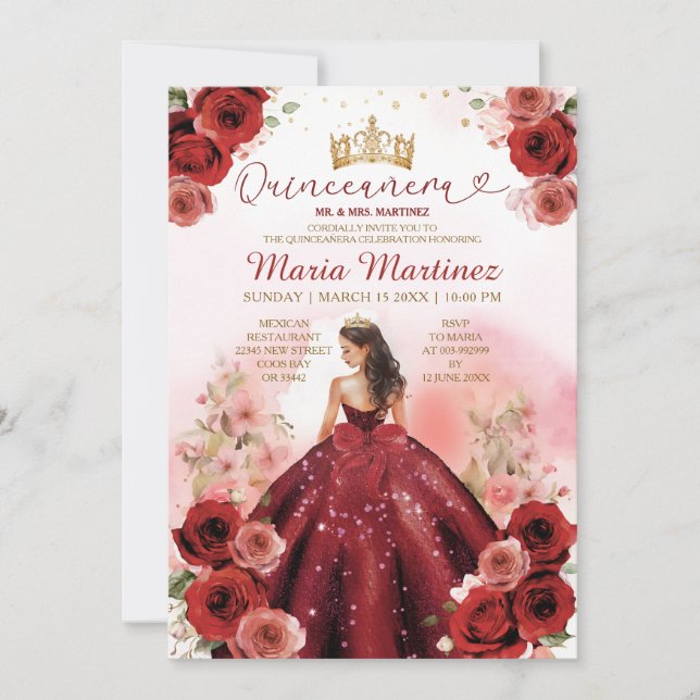 Elegant Burgundy Red Princess Flowers Quinceañera Invitation (Front)