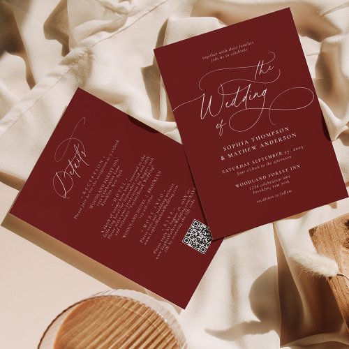 Elegant Burgundy Red QR Code All in one Wedding Invitation