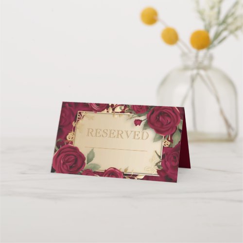 Elegant Burgundy Red Rose and Gold Wedding  Place Card