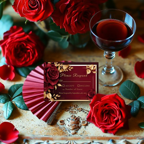 Elegant Burgundy Red Rose Flamenco Wedding RSVP Card