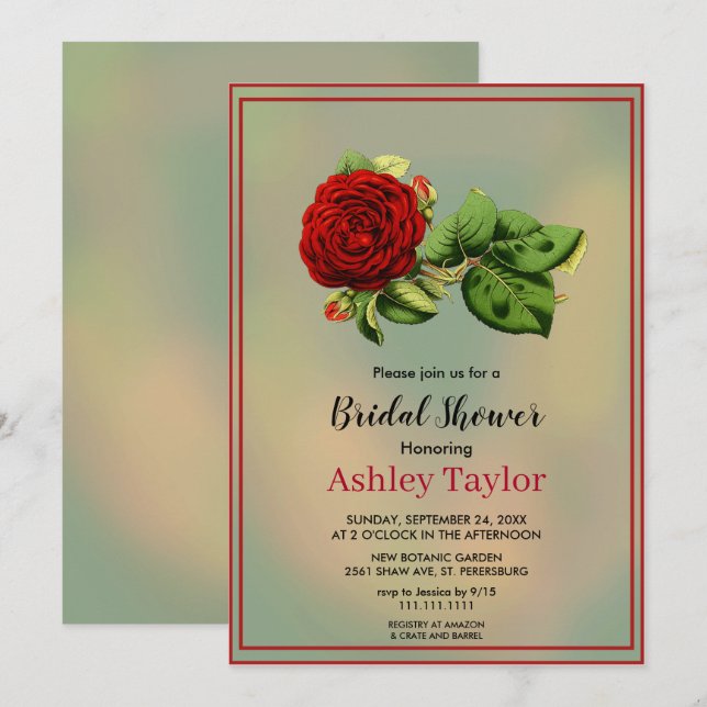 Elegant burgundy red rose floral Bridal Shower Invitation (Front/Back)