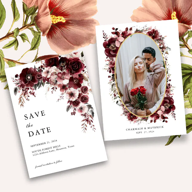 Elegant Burgundy Red Rose Floral Wedding Save The Date | Zazzle